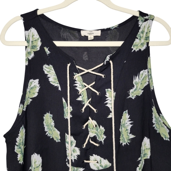 Entro Black Tropical Leaf Print Sleeveless Front Tie A-Line Summer Dress Size L - Picture 2 of 8